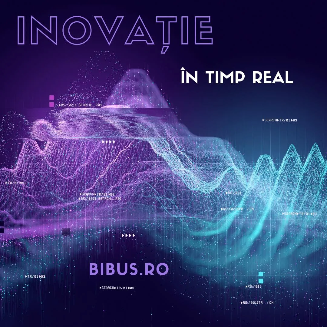 A digital wave in violet and turquoise, with the text “Inovație în timp real · BIBUS.RO”
