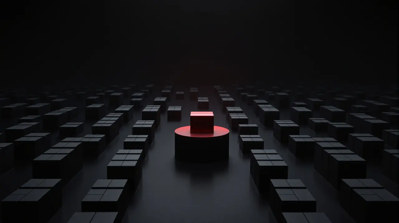 Rows of identical gray boxes, one raised on a red-lit pedestal