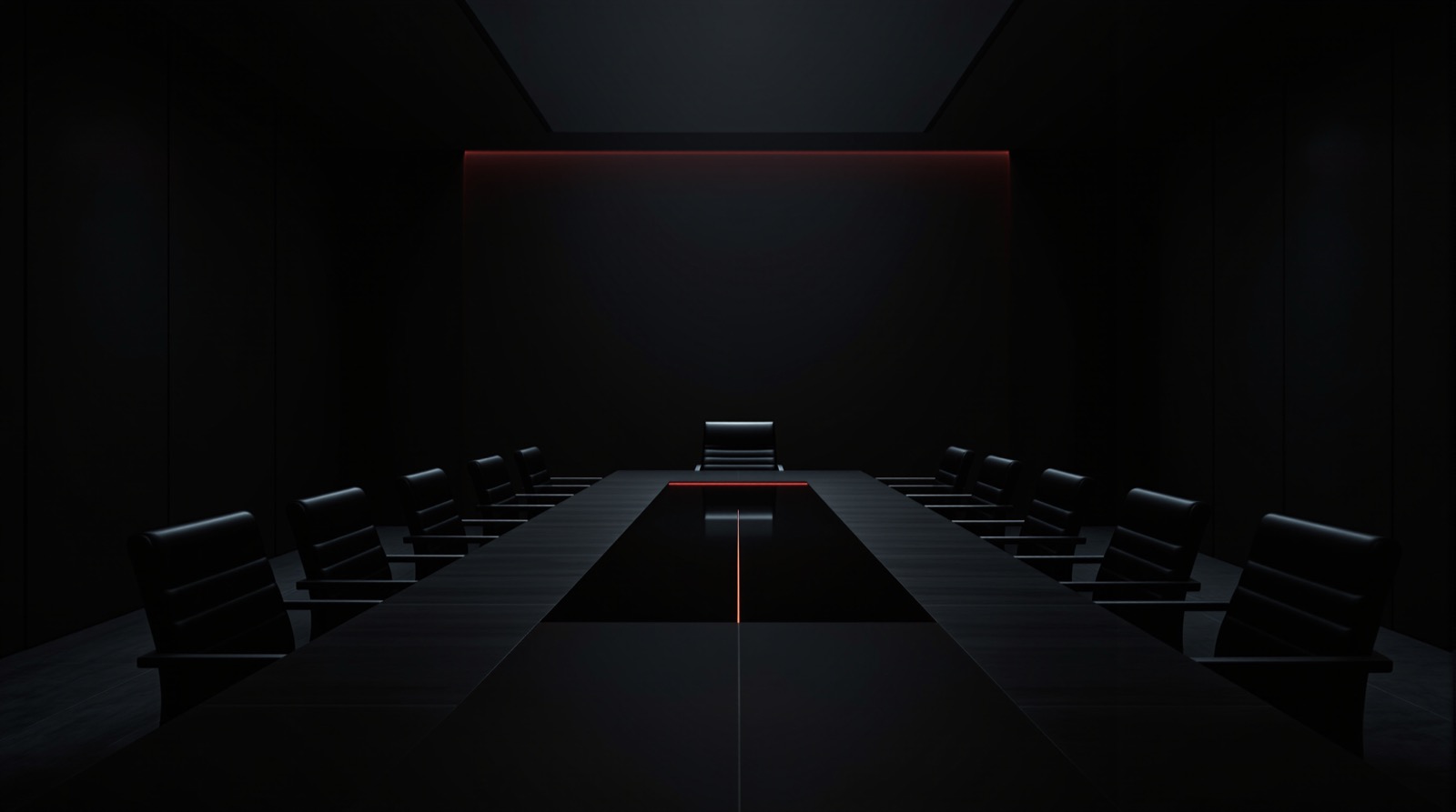 Empty boardroom in matte black, with a single seat lit red at the head of the table