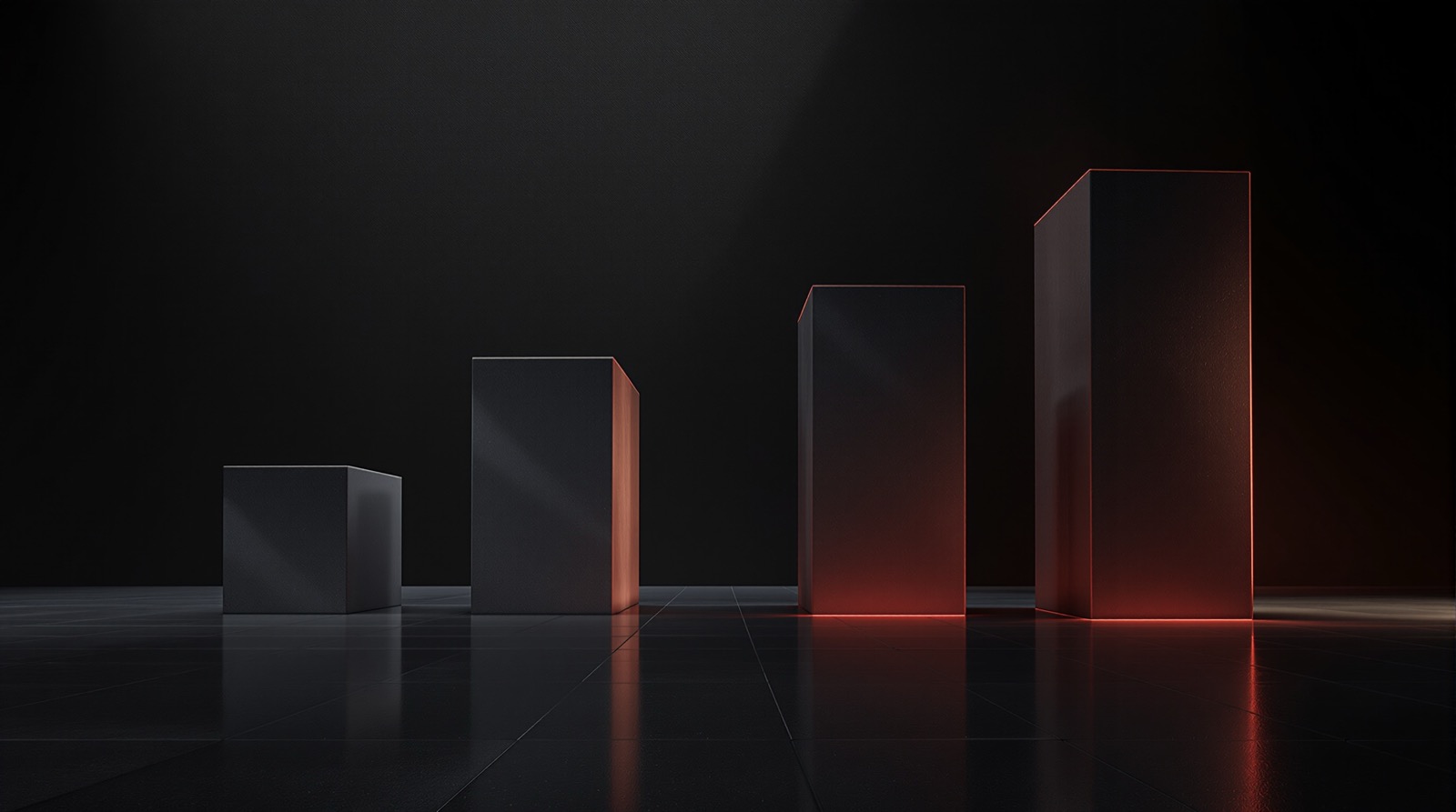 Four monolithic concrete blocks of increasing height, the last outlined in red light