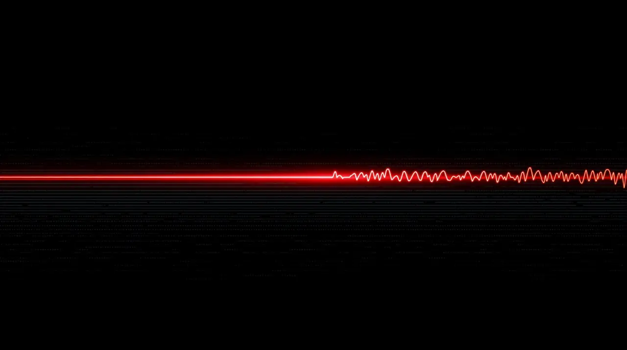 Many overlapping gray lines of noise, a single clear red wave passing through them