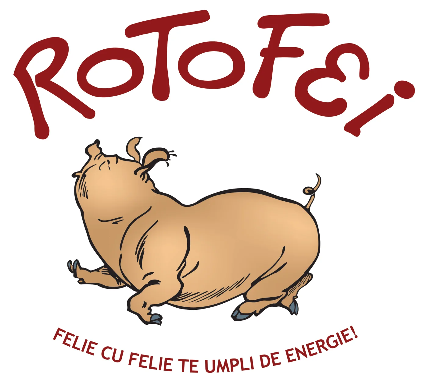 The integrated ROTOFEI brand: the red curved logotype, the piglet mascot and the slogan “Felie cu felie te umpli de energie!”