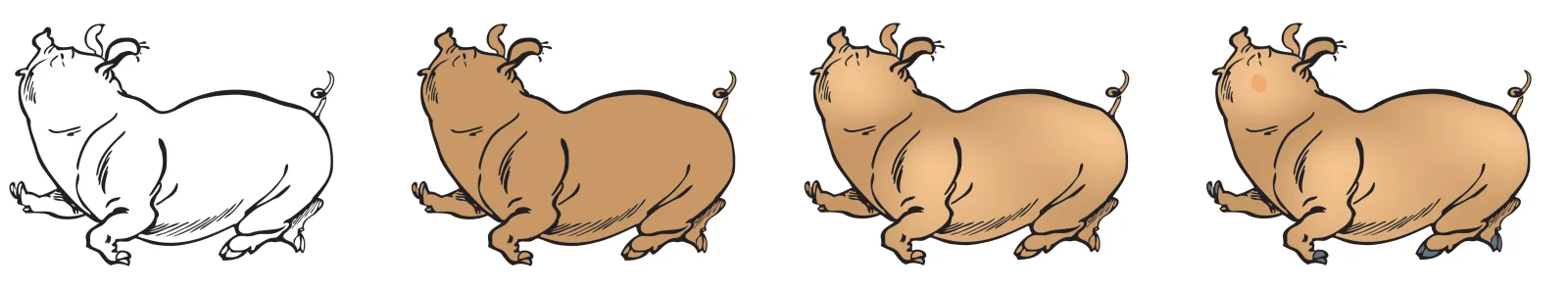 Four working stages of the ROTOFEI mascot, from the line drawing to the final coloured piglet